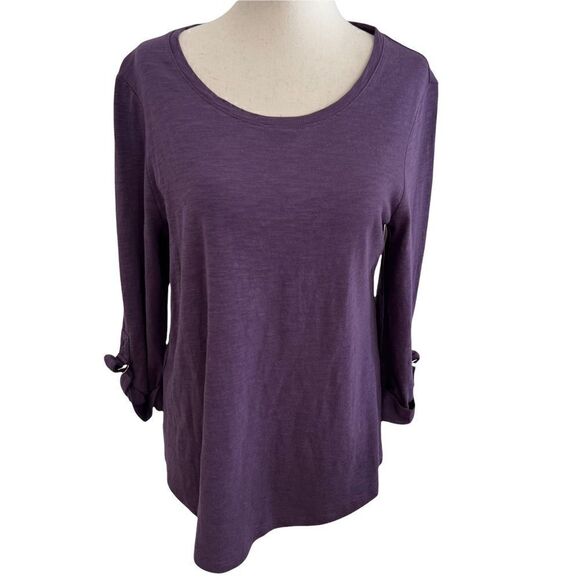 Chico’s Soft + Stretchy Cotton Modal Purple Long Sleeve Tee w/ Cinch Up Sleeves - Picture 1 of 8